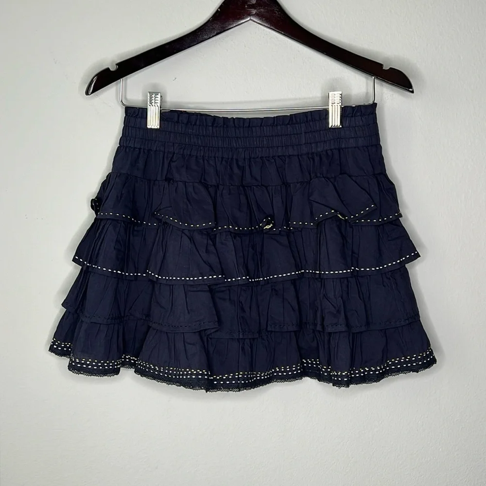 Misa Los Angeles Tiered Ruffle Embroidered Accent Mini Skirt in Navy Size XS